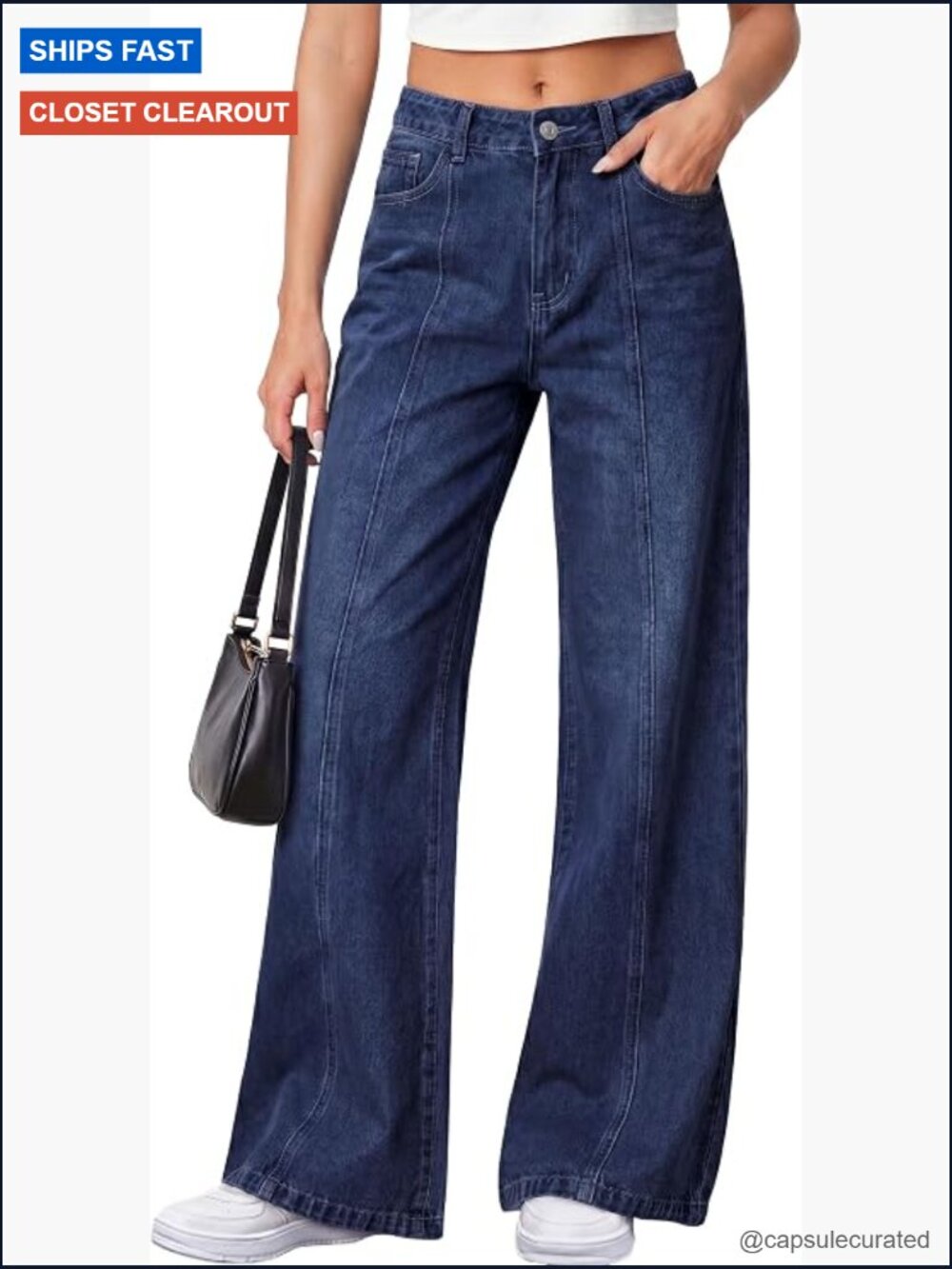 High Waisted Wide Leg Stretchy Baggy Denim Palazzo Jeans with Front Seam